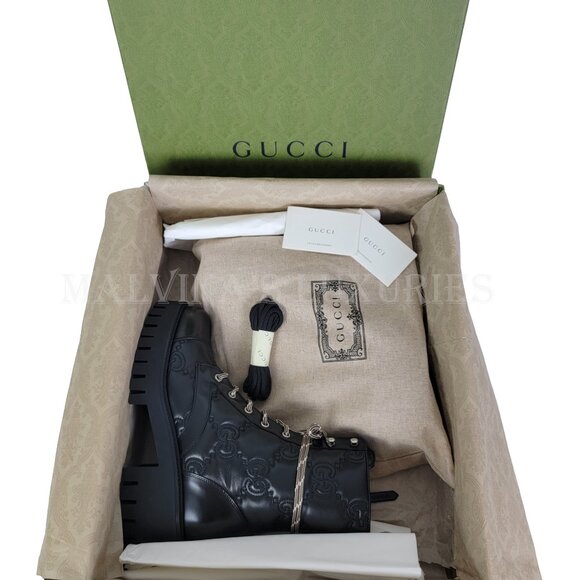 GUCCI BOOTS ANKLE BLACK GG LOGO LEATHER QUILTED LACE-UP sz 39.5 9.5 US - Picture 15 of 16